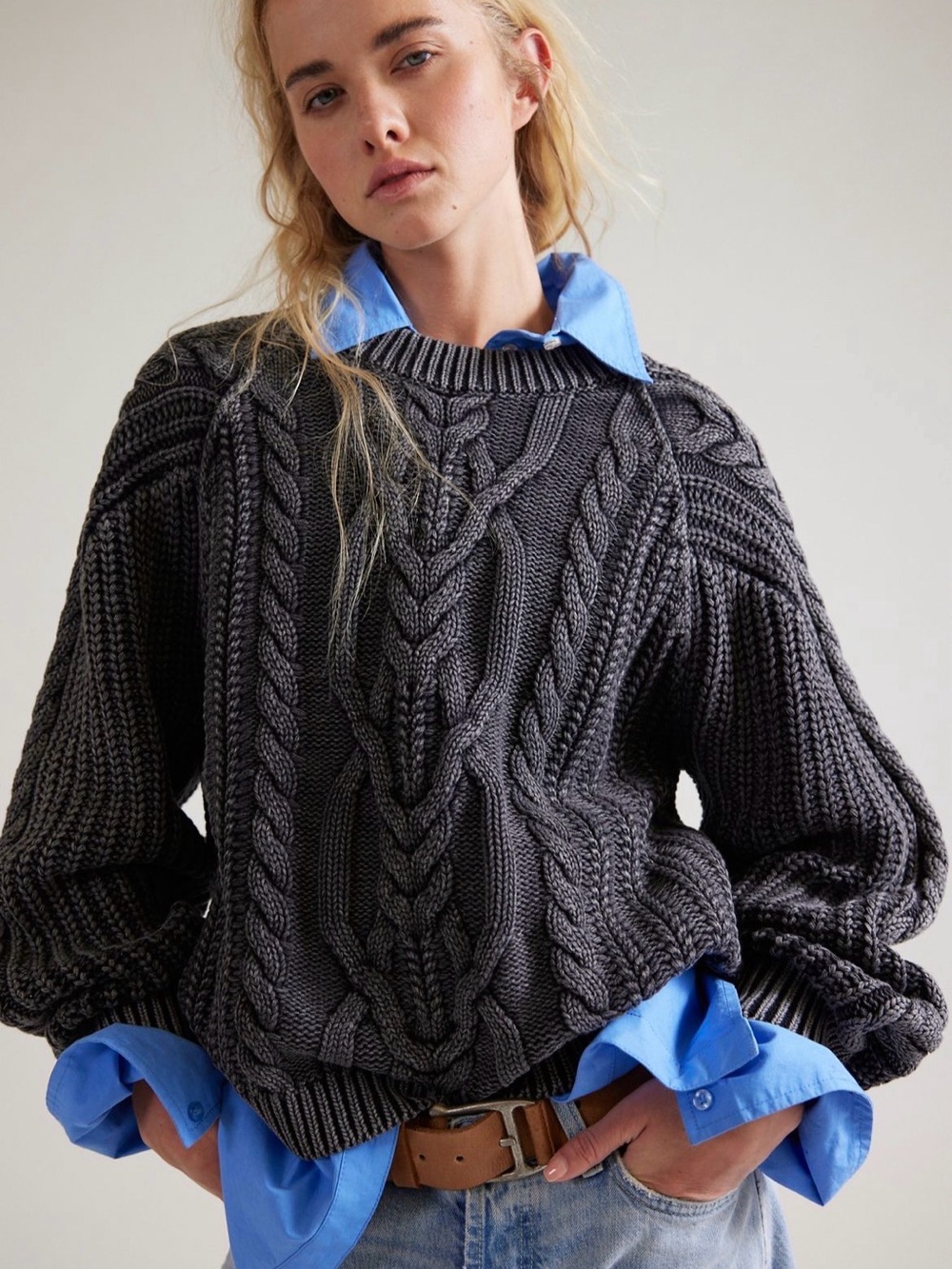 NWOT Free People Frankie Cable Knit Cotton Sweater in Black